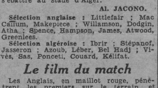 4.4.1943 Amical Alger (avec Ibrir du ASSE) - Sélection Anglaise 1-1