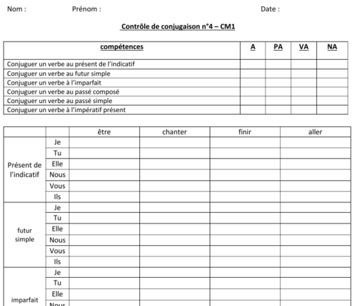 français : évaluation - contrôle de conjugaison - période 4 - CM1