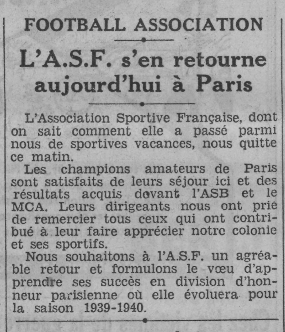 Dimanche 25 juin 1939 à St Eugène MCA-AS Française 1-1