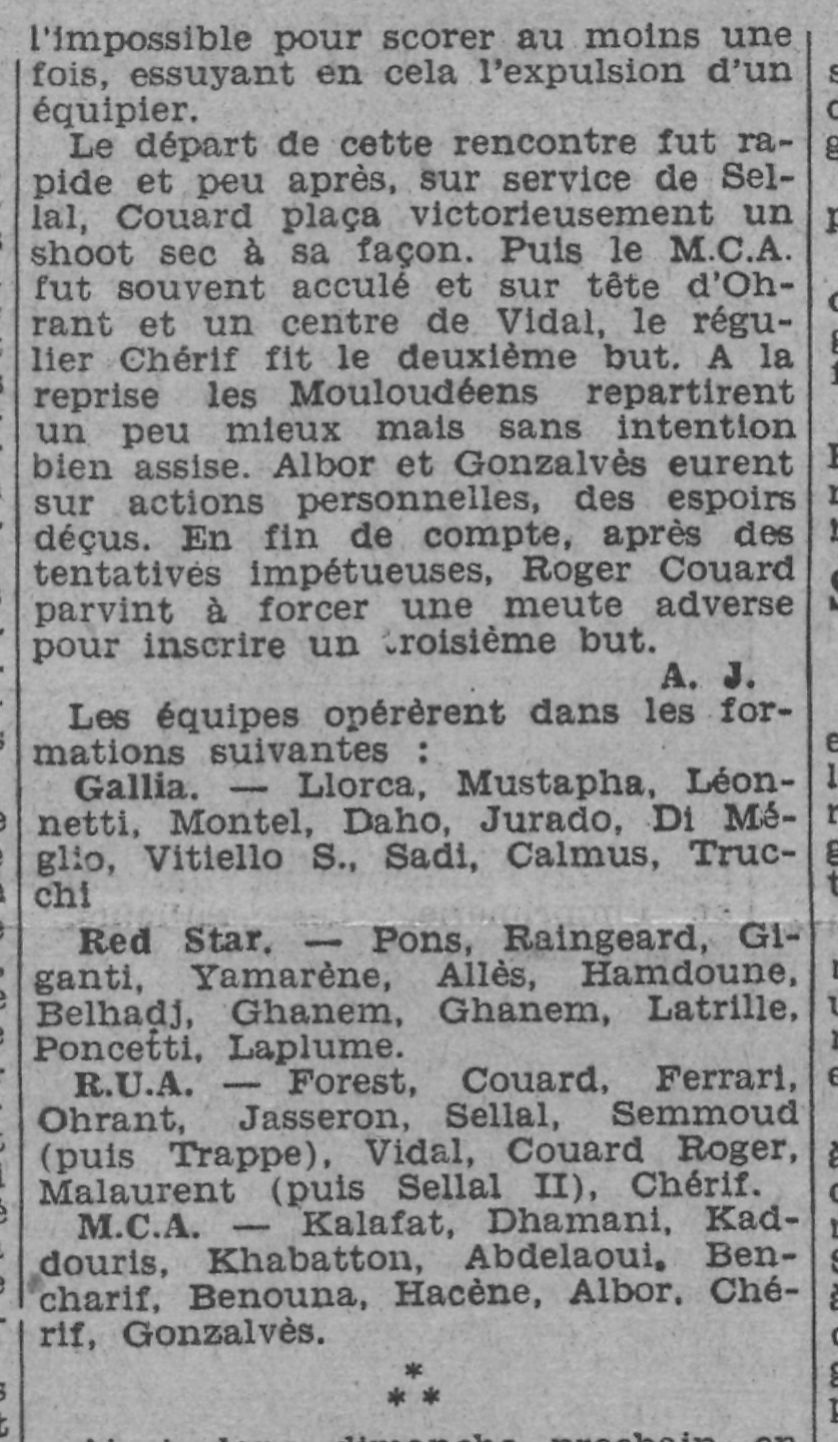 22.9.1940 Tournoi de la Ville d'Alger 1ère journée  RUA-MCA 3-0