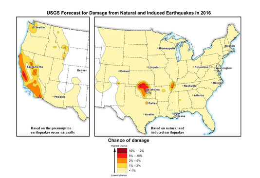 AP La carte de l'USGS, qui indique tous les séismes, naturels et résultant de la fracturation, survenus entre 1980 et 2015 dont la magnitude était égale ou supérieure à 2,5 sur l’échelle ouverte de Richter.