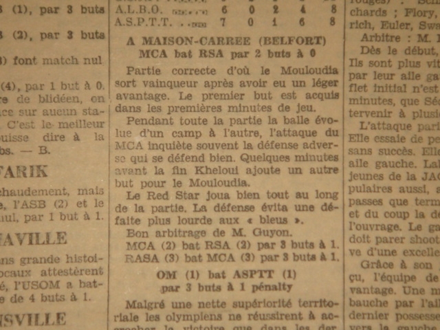 Dimanche 1.12.1929 à Belfort RSA (Red Star d'Alger)-MCA 0-2