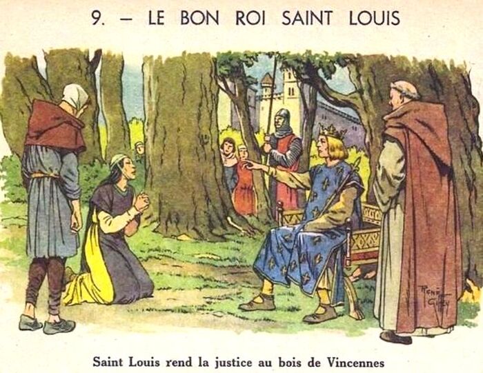 Saint-Louis rend la justice au bois de Vincennes (dessin de René Henri Giffey, né en 1884, décédé en 1965).