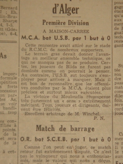 D 17.5.1936 MCA-US Blida 1-0  Match barrage titre champion 1ere D