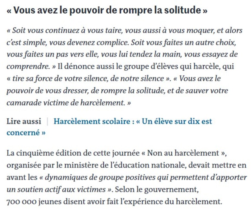 DIcours d'Emmanuel Macron  pour la journée contre le harcèlement  scolaire