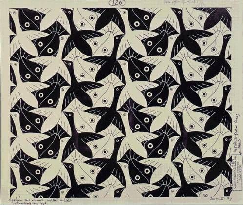 M.C. Escher. Métamorphose des poissons noir en oiseaux blancs.: 