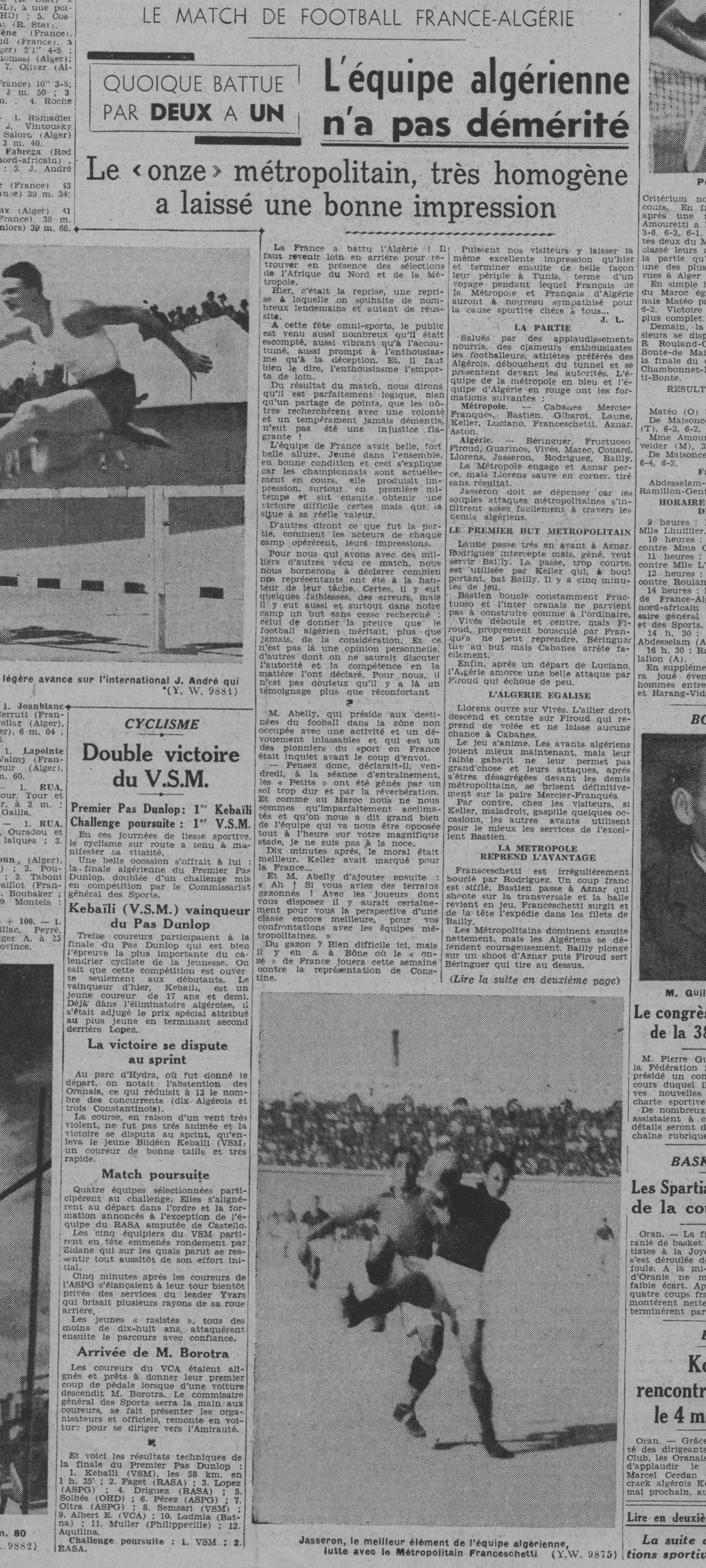 Dimanche 27.4.1941 au Municipal Amical Algérie-France 1-2