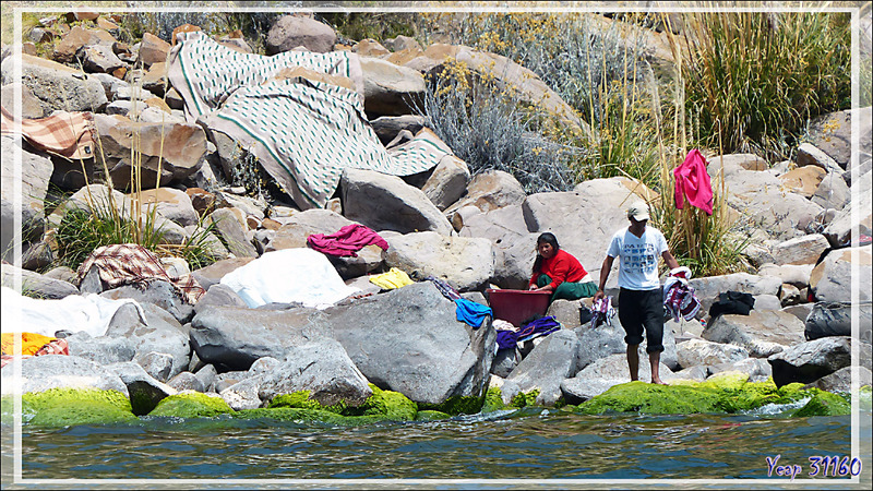 Arrivée à l'île Taquile : la grande lessive vue du bateau - Lac Titicaca - Pérou