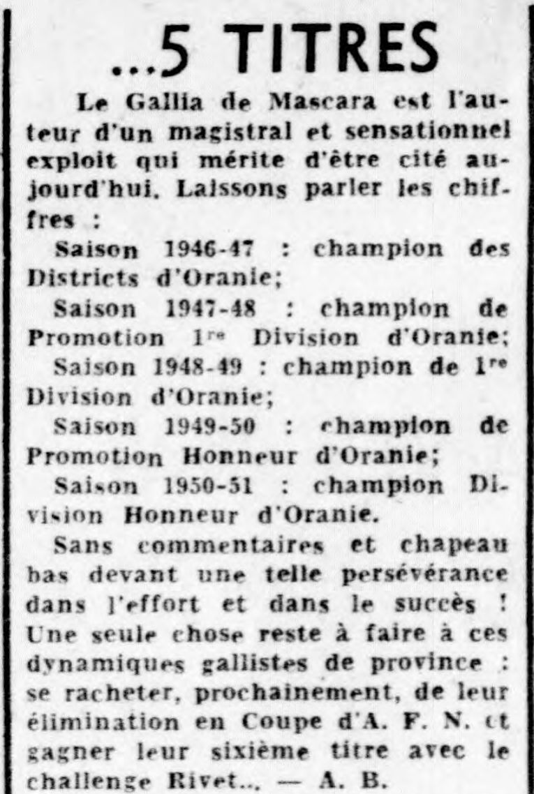 19.5.1951 le GC Mascara Champion de l’Oranie
