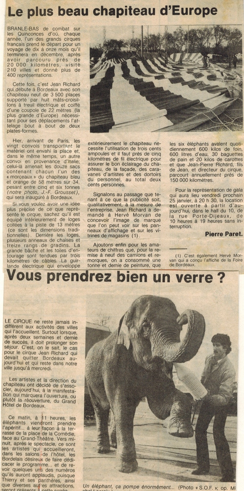 articles de presse pour la venue du cirque Jean Richard en 1980 à Bordeaux