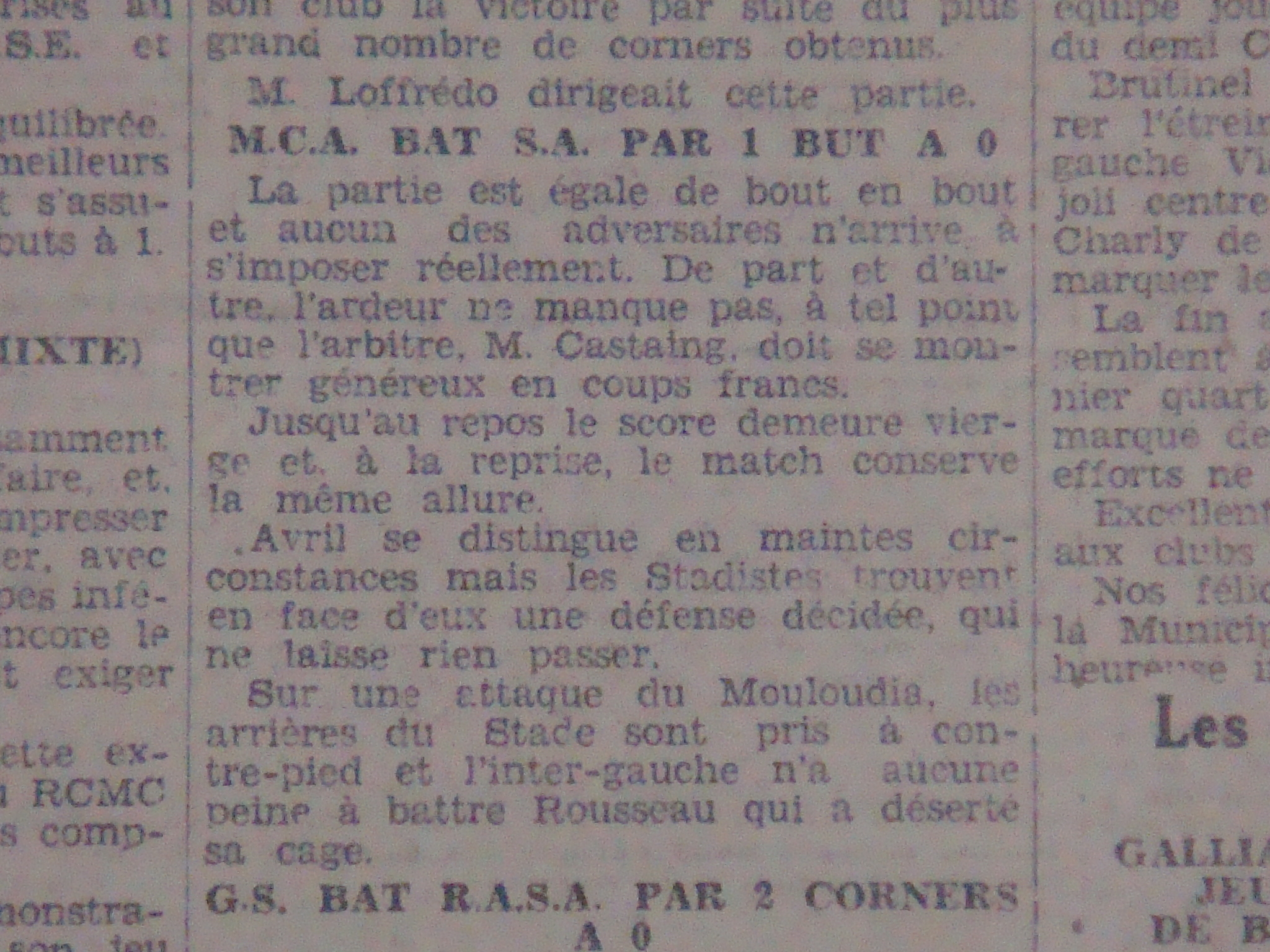 Dimanche 27.9.1931 Coupe municipalité MCA-Stade Algérois 1-0