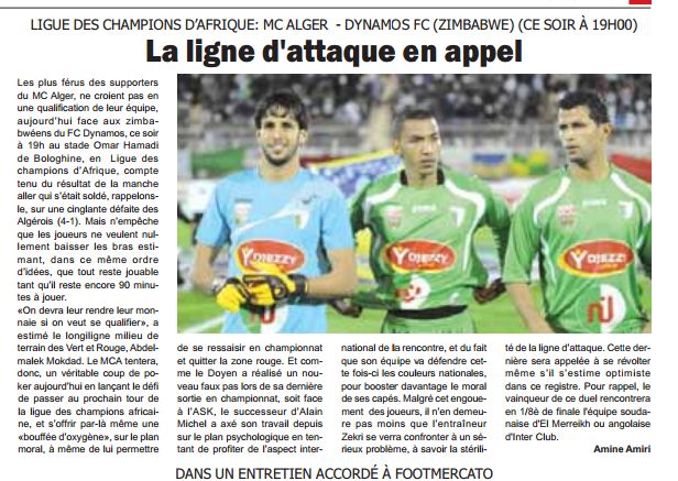 Dimanche 3.4.11 Omar Hamadi Bologhine (19h) C1 Afrique MCA-FC Dynamos