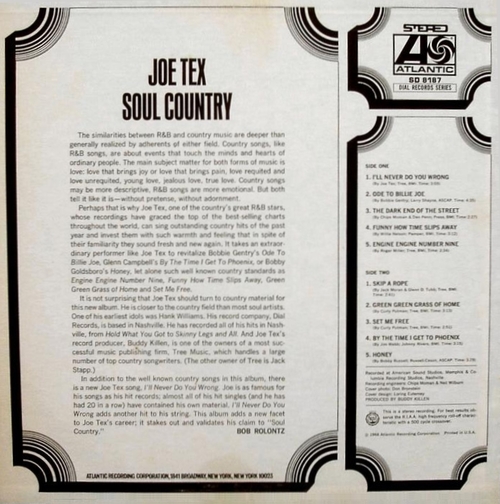 Joe Tex : Album " Soul Country " Atlantic Records SD 8187 [ US ]