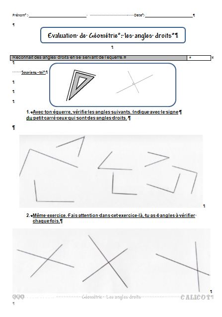Géométrie: les angles droits - évaluation - Luluarcenciel