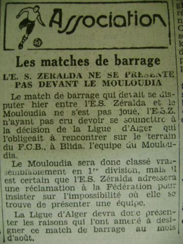 Dimanche 2.8.1931 à Blida match Barrage accession en 1ère division MCA-ES Zéralda, forfait de l'E