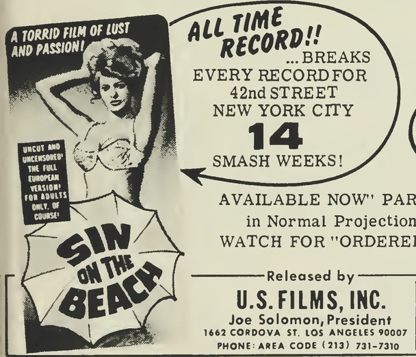 SIN ON THE BEACH - LE CRI DE LA CHAIR BOX OFFICE USA 1965