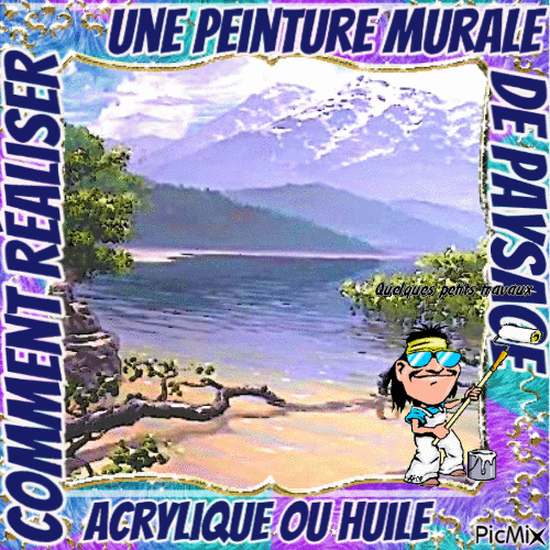 Dessin et peinture - vidéo 3859 : Comment réaliser une peinture murale de paysage (dessin, ciel, arrière-plan, montagnes, eau, perspective, reflets, rochers et végétation) ? - peinture acrylique.