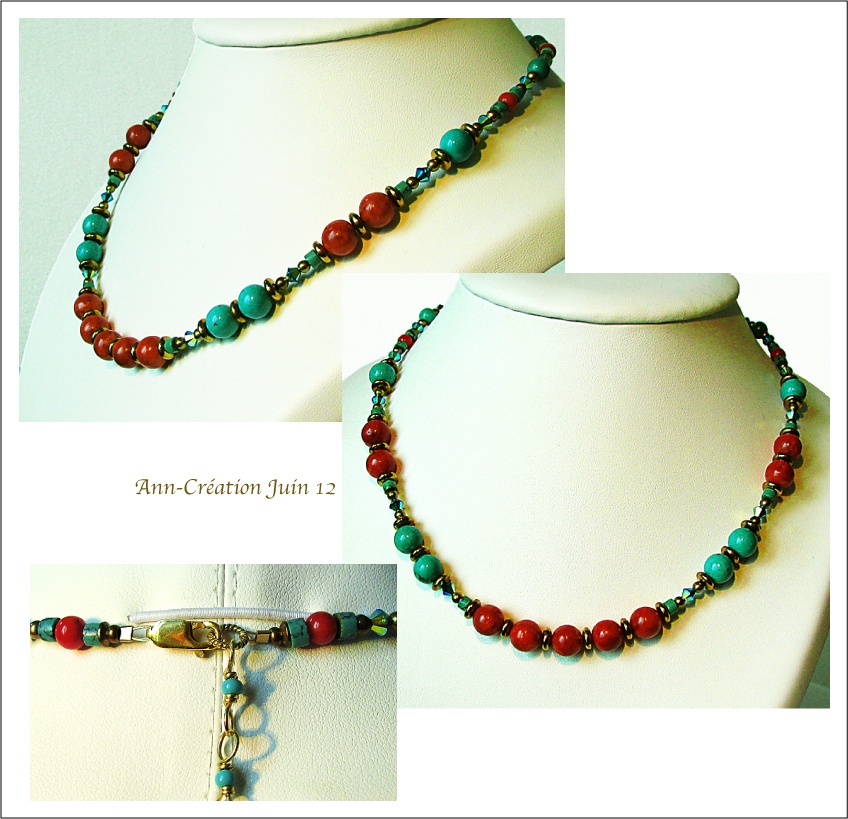 Collier Turquoise, Corail Rouge, Cristal de Swarovski / Laiton et Plaqué Or GF