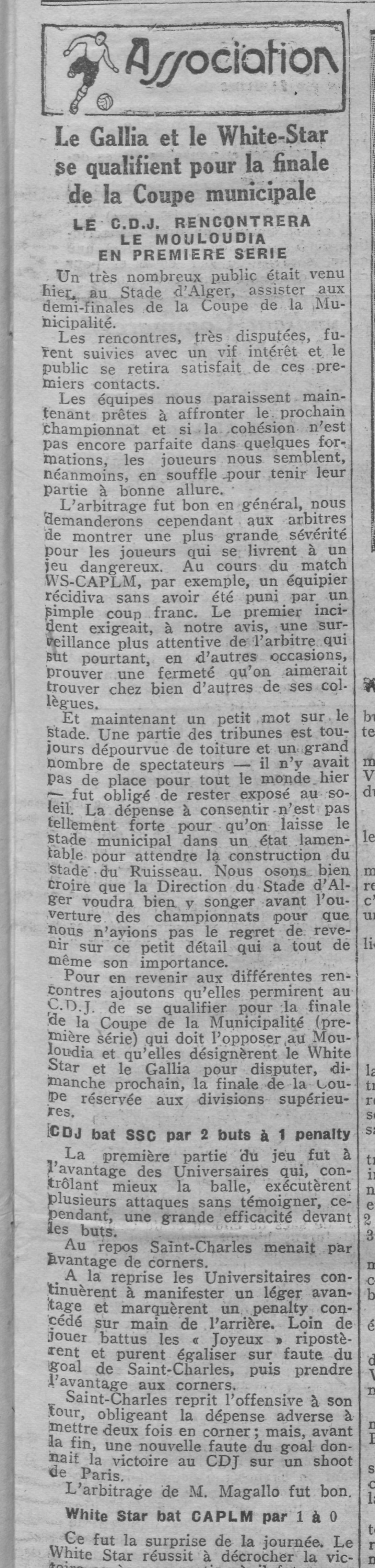 Dim 16.10.1928 le CDJ en Finale, il rencontre  le MCA