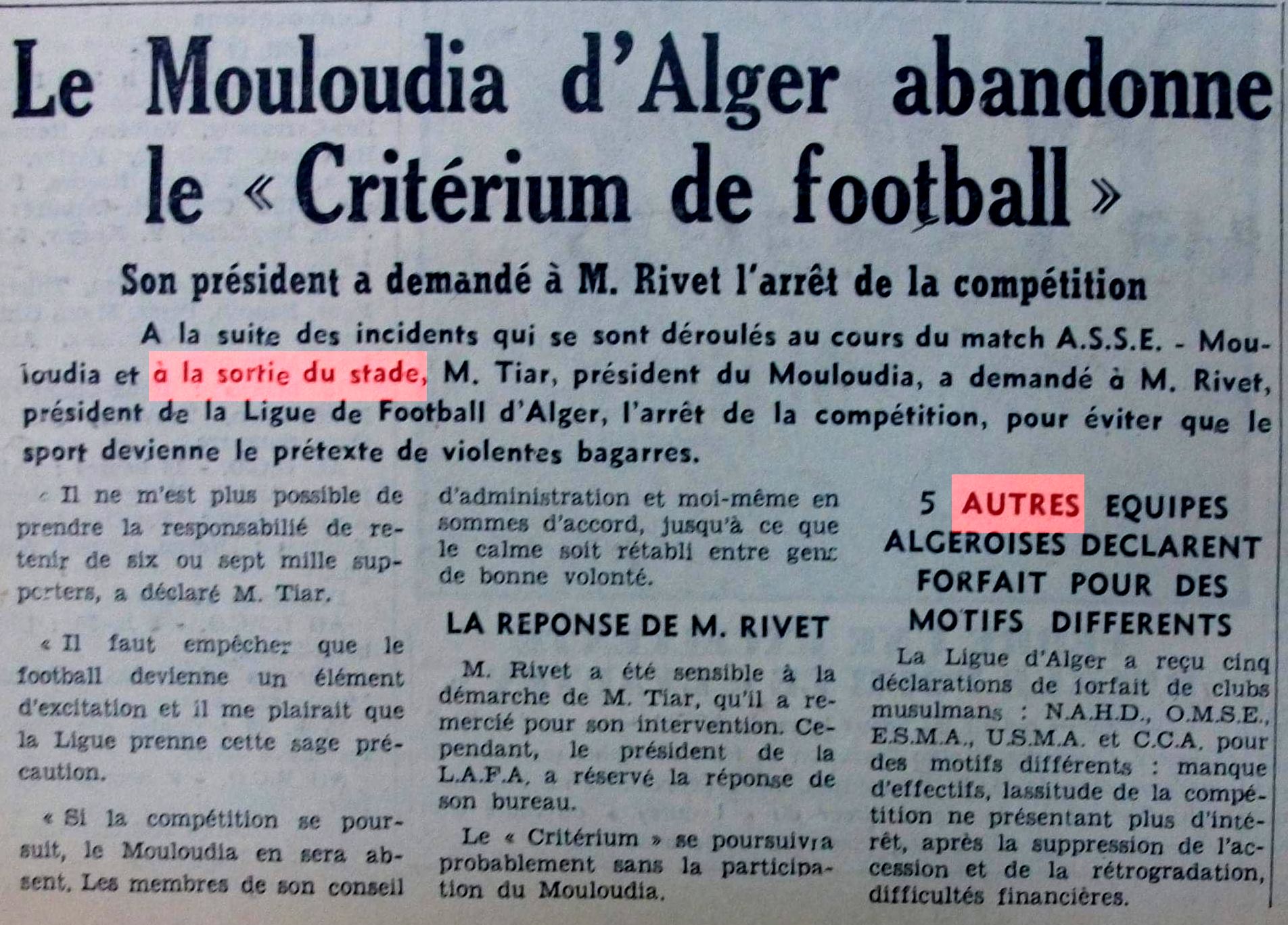 11 Mars 1956 Le MCA et les clubs Musulmans se retirent
