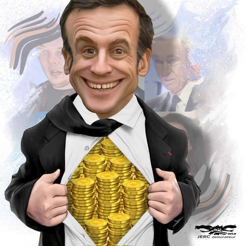 dessin de JERC dessinateur du mardi 28 février 2023 Caricature Emmanuel Macron président des riches Il est bien en train de nous Bezos Participer vous aussi !!!! dessiner, créer, manifester, soutenez 