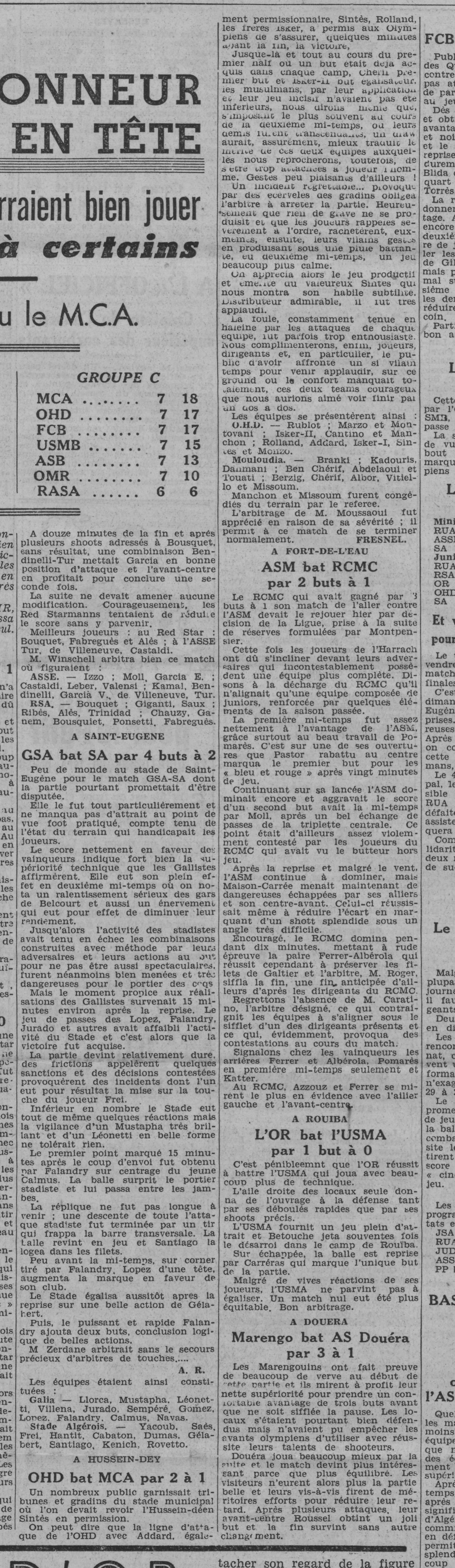 14.1.1940 OHD-MCA 2-1 (1ère défaite du Mouloudia)
