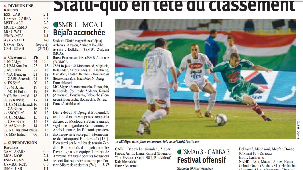 Samedi 21.11.2009 Stade de Béjaïa, JSBM-MCA 1-1