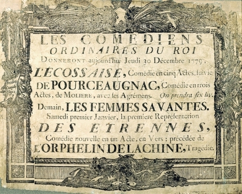 Affiche de 1779 annonçant la première représentation des Femmes savantes par les Comédiens ordinaires du Roi.