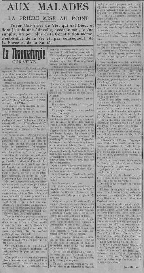 Jean Béziat - La Thaumaturgie curative (Le Fraterniste, 15 novembre 1923)