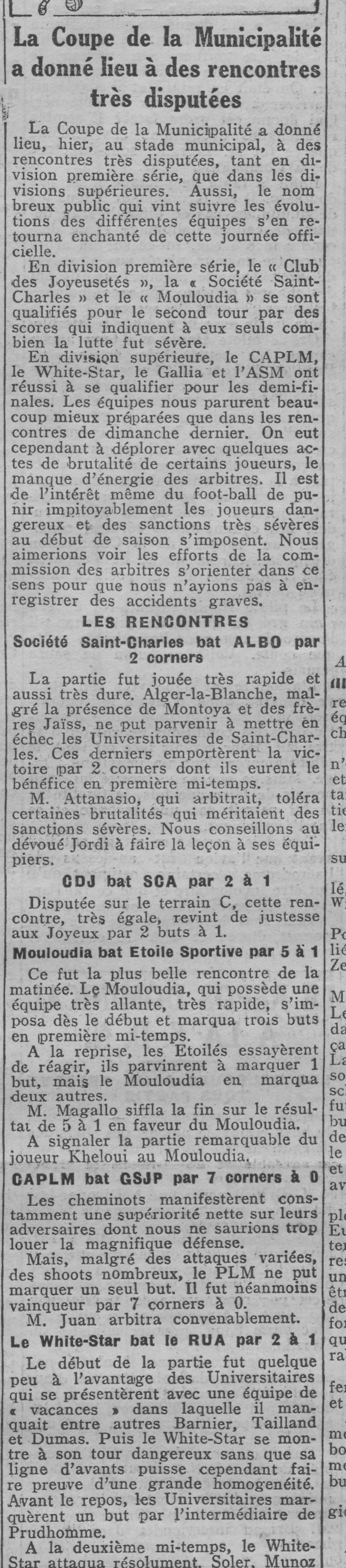 Dimanche 9.9.1928 Coupe Municipalité Etoile Sportive Algéroise-MCA 1-5