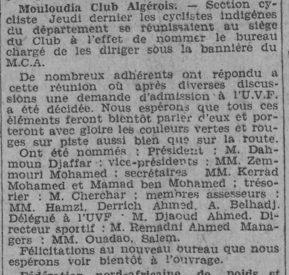Jeudi 1.1.1931 Cyclisme MCA l'élection du bureau, Remadni Directeur Technique