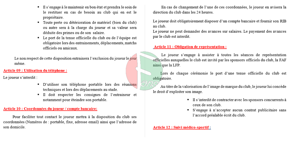 Spécimen de règlement intérieur