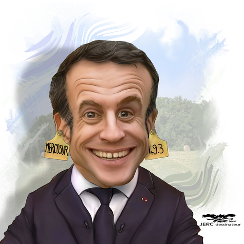 dessin de JERC dessinateur texte d'AKAKU  du lundi 29 janvier 2024 Caricature Emmanuel Macron - L'AGRICULTURE UN EFFET BOEUF -  www.facebook.com/jercdessin https://twitter.com/dessingraffjerc www.jerc