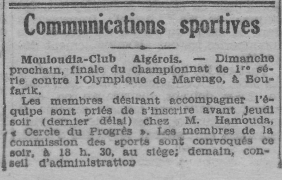 Dimanche 5.5.1929 match à rejouer barrage titre et accession O.Marengo-MCA