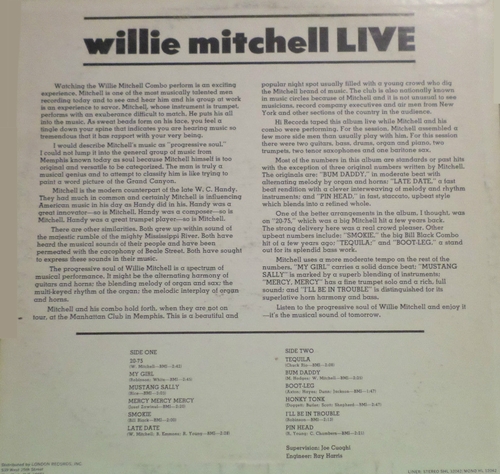 1967 : Willie Mitchell : Album " Willie Mitchell Live " Hi Records SHL 32042 [ US ]