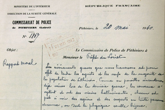 Rapport du commissaire de police de Pithiviers, le 20 mai 1940.