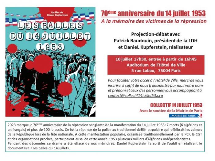 Projection le 10 juillet à l'auditorium de  l'Hôtel-de-Ville de Paris du film « Les balles  du 14 juillet 1953 »