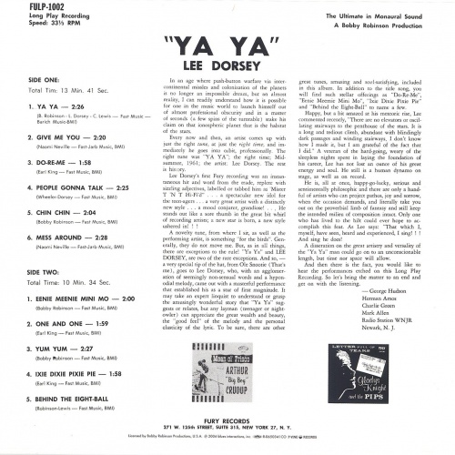 Lee Dorsey : Album " Ya ! Ya ! " Fury Records FULP 1002 [ US ] 1961 