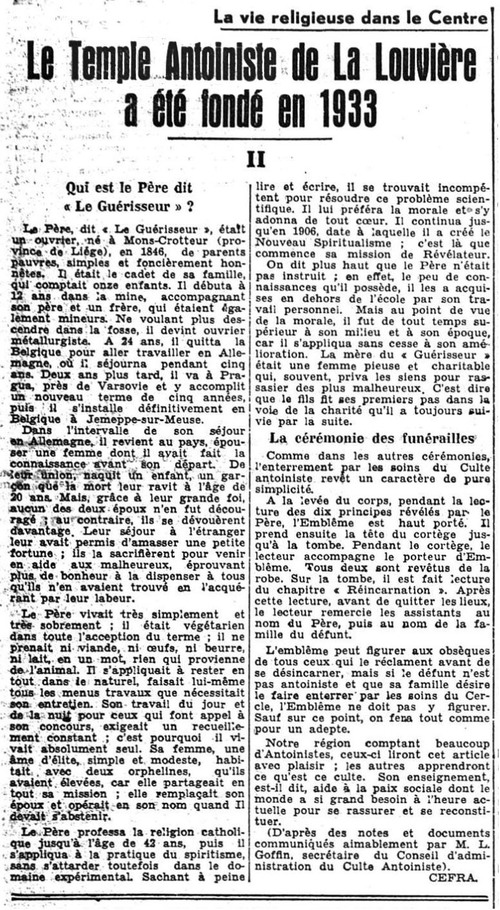 Temple antoiniste de La Louvière (Le Centre, 5 avril 1943)(Belgicapress)