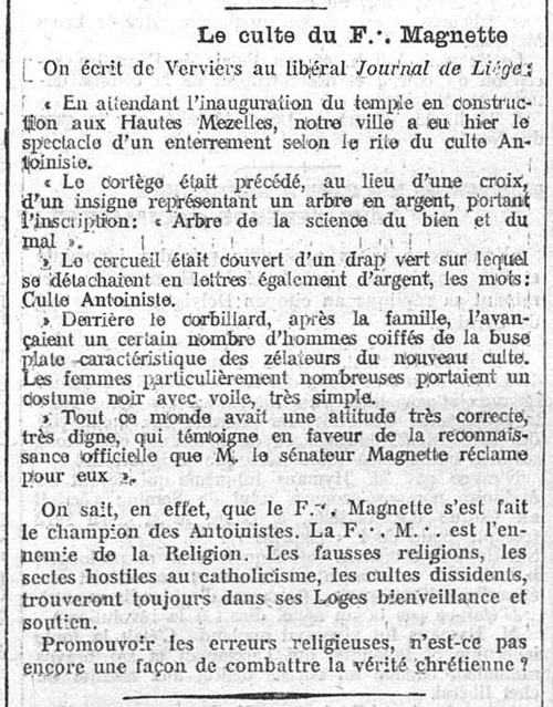 Le culte du F.·. Magnette (Le Bien Public, 11 mai 1914)(Belgicapress)