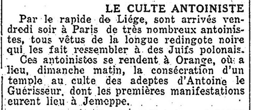 Inauguration d'un temple antoiniste à Orange (Le Soir, 21 septembre 1926)(Belgicapress)