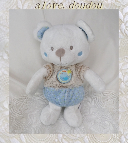 Doudou Ours Mots D'Enfants Peluche Blanc Marron Et Bleu Pois Oiseau