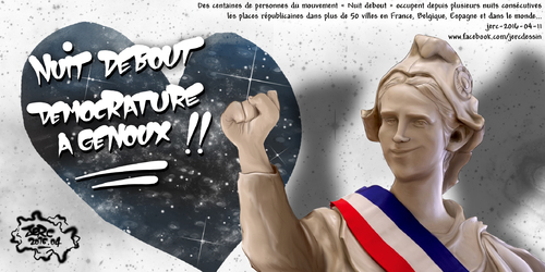 JERC 2016-04-11, caricature Nuit Debout. Tous et toutes contre une société gérée par BFMTV, la police et le Léxomil ! www.facebook.com/jercdessin Cliquer sur la photo pour voir en plus grand