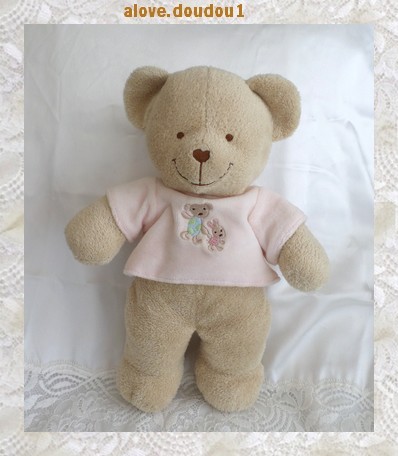 Doudou Peluche Ours Tex Beige T-Shirt Rose Broderie Ours Lapin