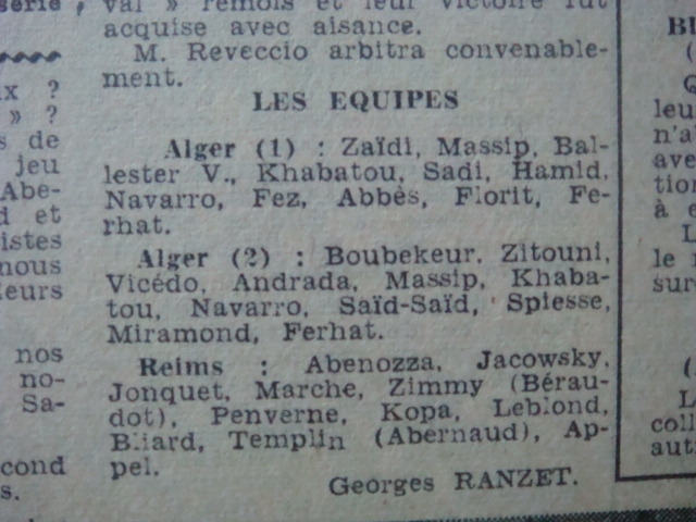 Jeudi 13 mars 1952 Khabatou et sélection d'Alger-Reims 0-6
