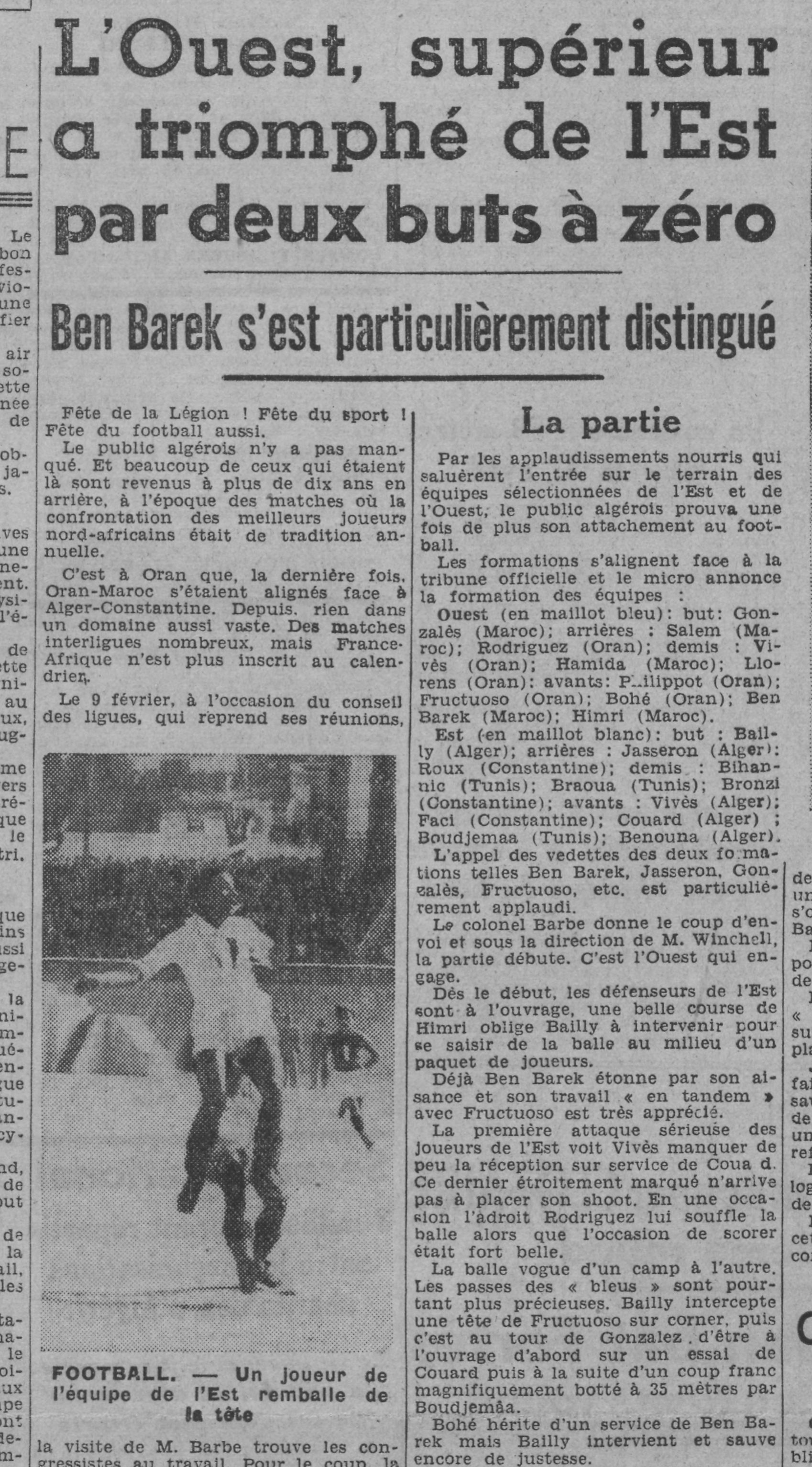 Dimanche 13.4.1941 Benouna avec la selection de l'Est (Alger-Constantine) face à celle de l'Ouest (