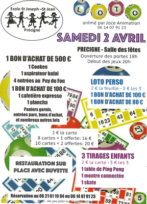 LOTO de l'école samedi 2 avril