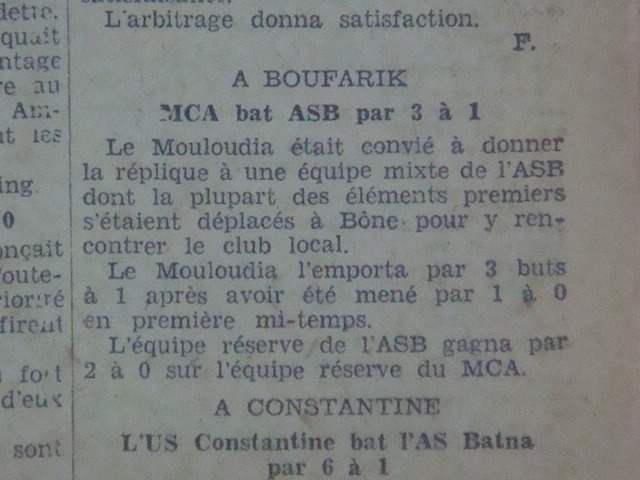 Dimanche 21.9.1930 à Boufarik Amical ASB-MCA 1-3