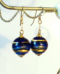 Boucles Verre de Murano Authentique Bleues Cobalt,  Feuille d'Or / Plaqué Or Gold filled