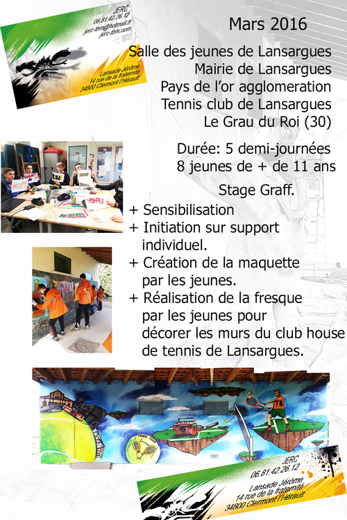 Stage graff , Réalisation d'une fresque sur le club house de tennis 15m x 3m. Lansargues (34) 03/2016 Merci a la mairie, et a l'agglo du pays de l'or. Les photos http://atelier-graff.blogg.org